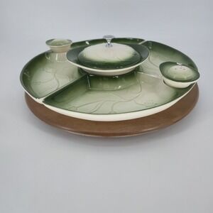 Royal Haeger Pottery Serving Set USA 800 Green Ceramic Divided W Lazy Susan VTG